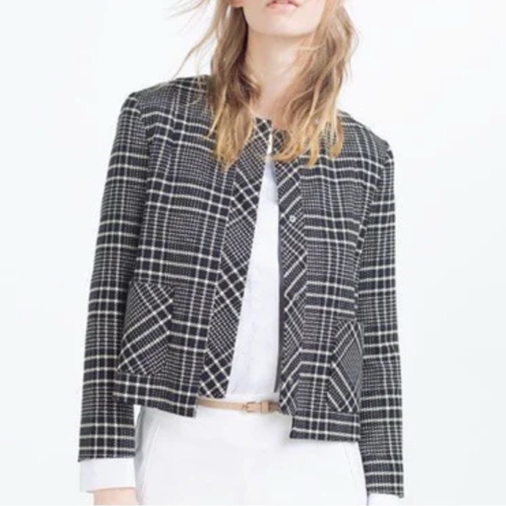 Zara women’s Cropped Checkered Blazer plaid Collarless Jacket‎ 7/8 sleeves SZ XS